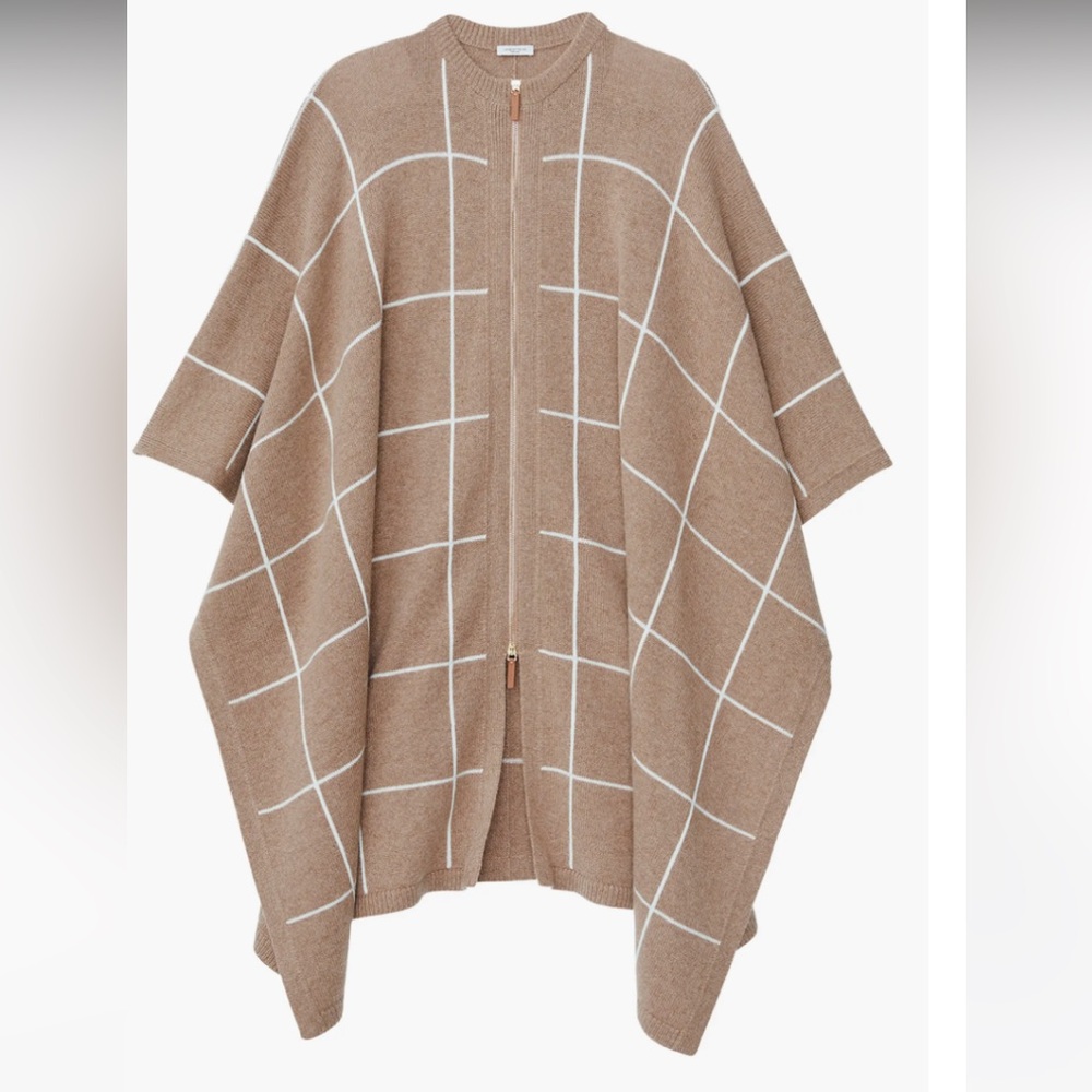 Lafayette 148 Windowpane Intarsia Cashmere Poncho OS Exc $1498